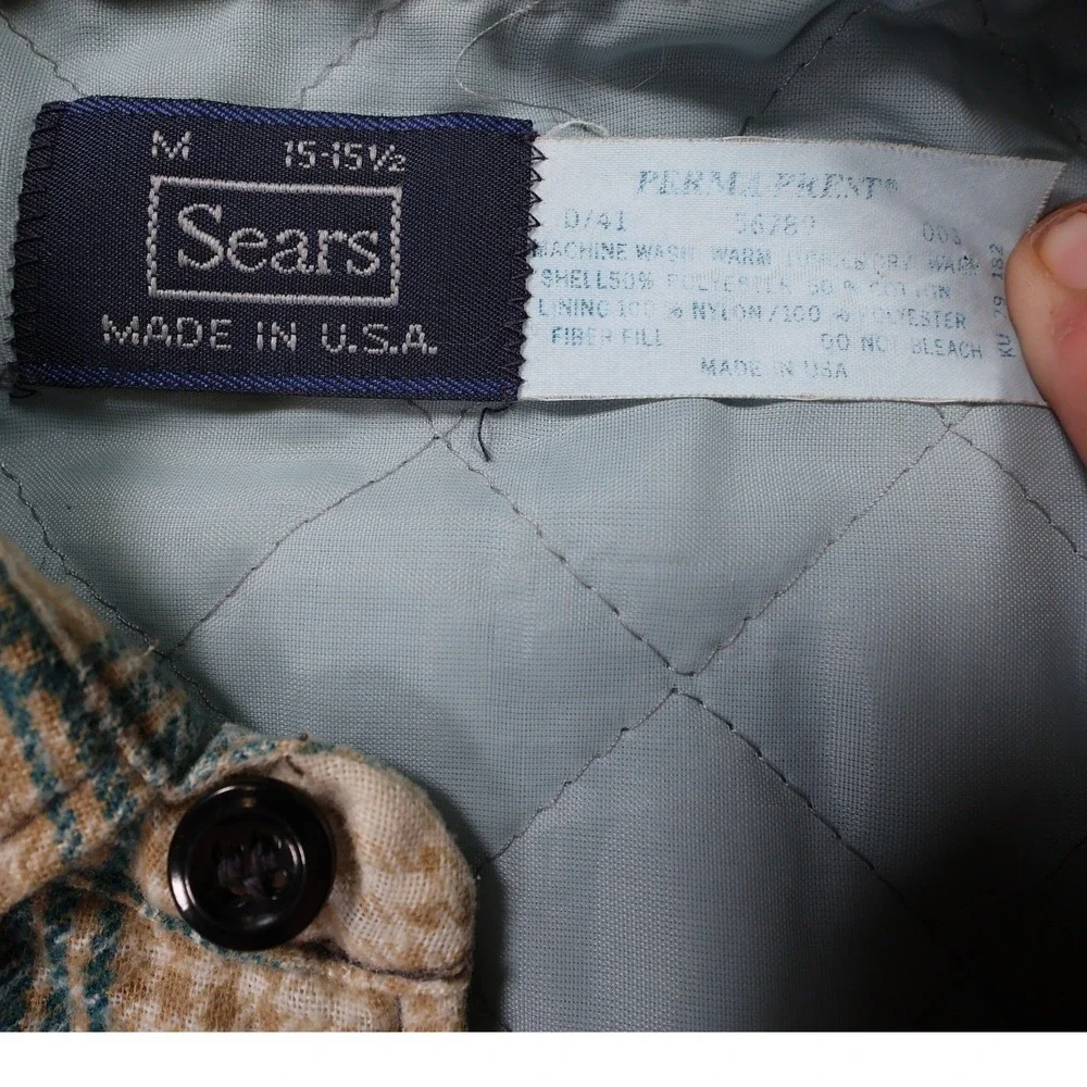 Sears Quilted Flannel Shirt Jacket Mens Medium Blue Plaid Excellent Vintage‎